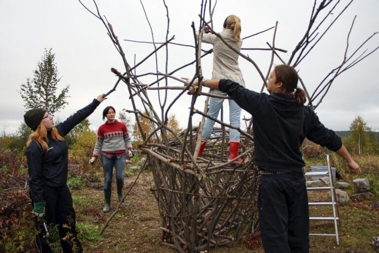 Opiskelevat tekevät pajusta taideteosta.